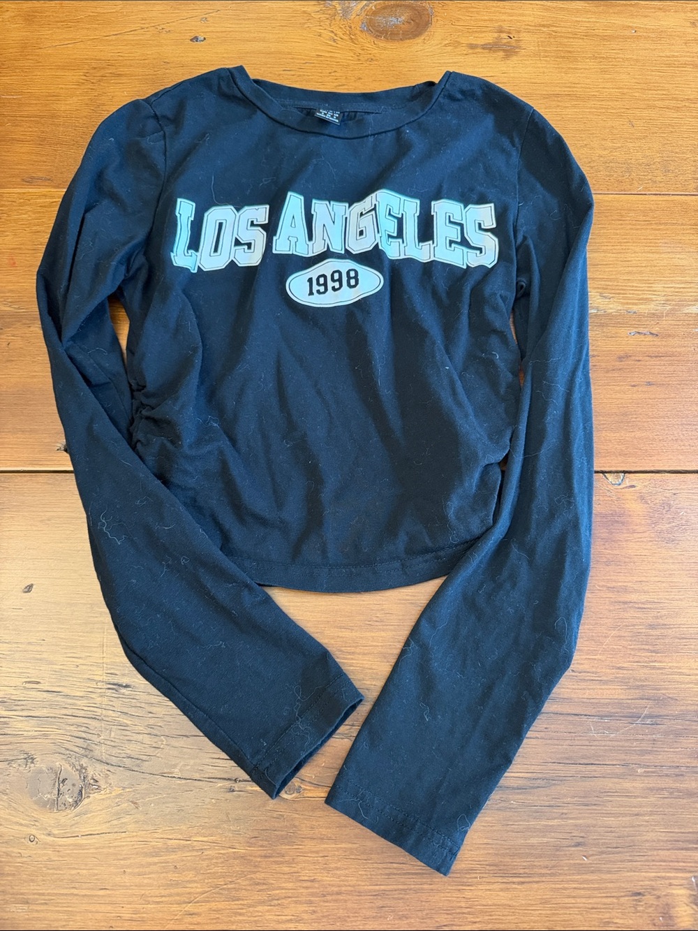 SHEIN Black Long Sleeve Cropped Top with Mint 'LOS ANGELES' Graphic